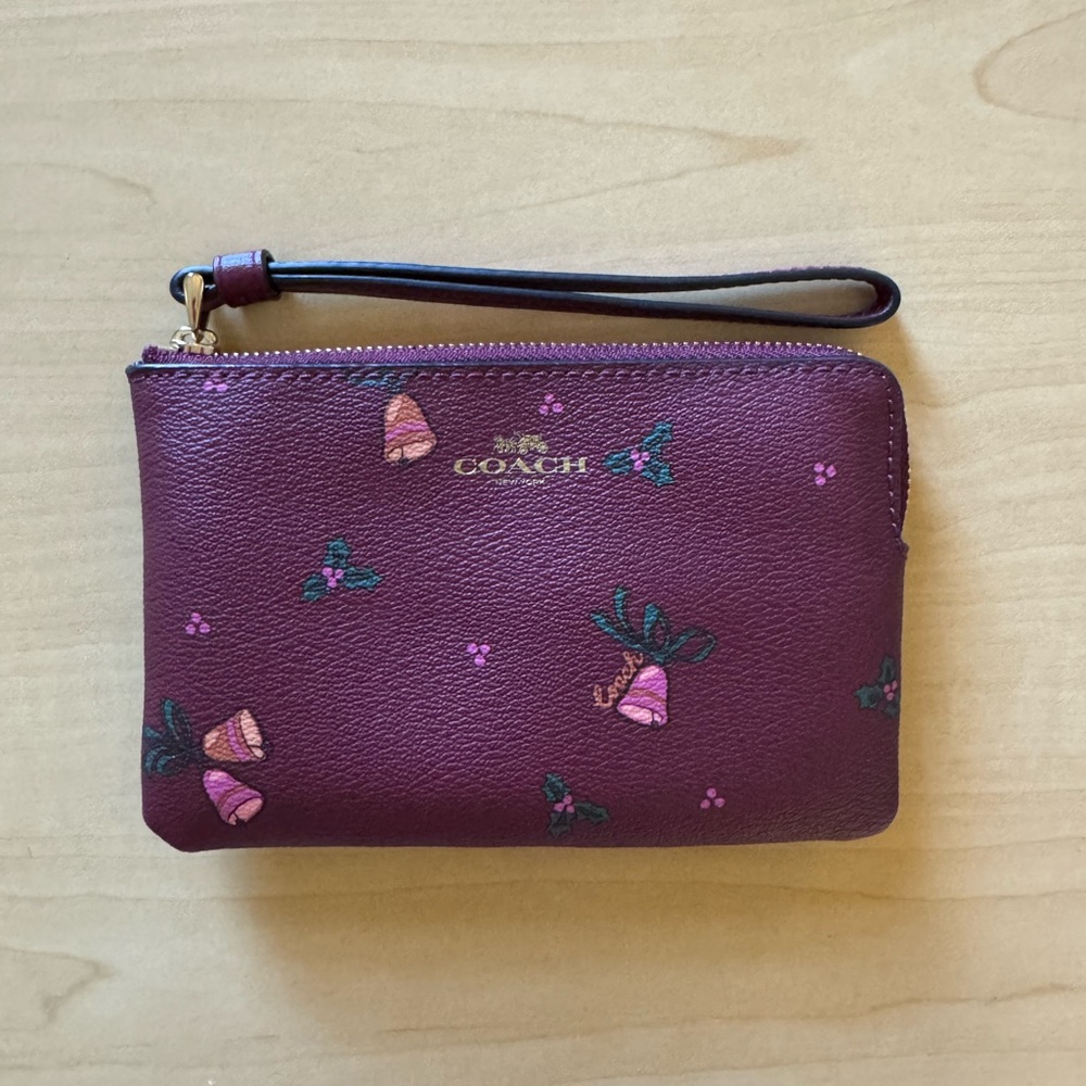 Coach Holiday Bells Corner Zip Wristlet Black Cherry Brown Coated Canvas
